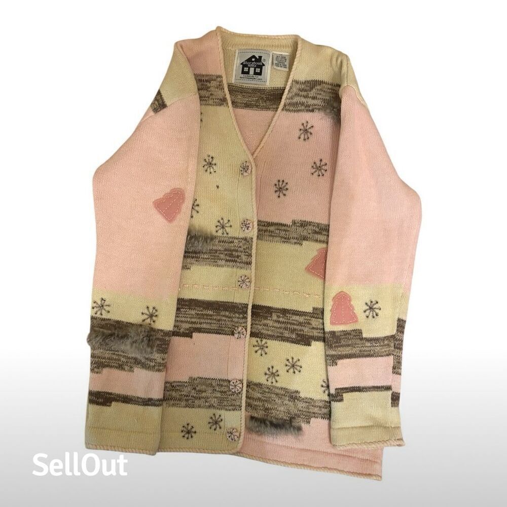 Storybook Knits Women's XS Cream Pink and Gray Embellished Cardigan Sweater